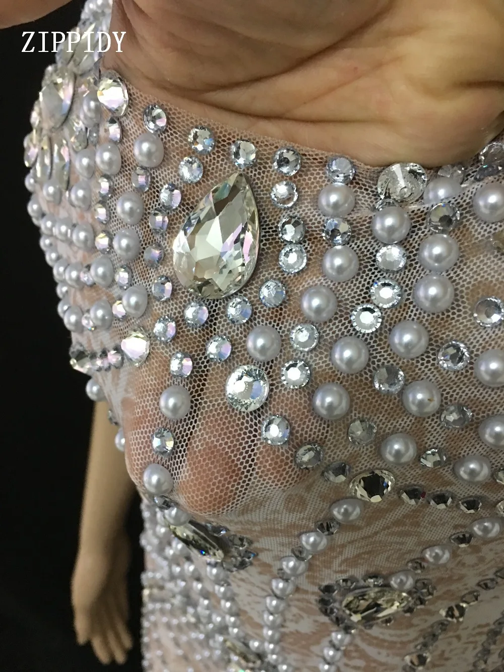Блестящие жемчуг кристаллы Сетчатое длинное платье Для женщин день рождения, празднование See Through Кружева платье сценический костюм для танцев наряд YOUDU