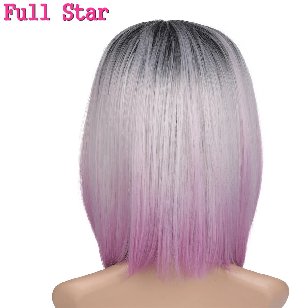 160 г 12 дюймов черный Омбре серый парики полная звезда Боб прямой синтетический короткий парик для американской женщины фиолетовый/коричневый/серебристо-серый волос