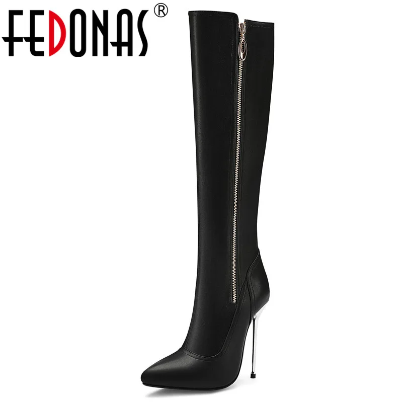 

FEDONAS Classic Pointed Toe Super High Heels Women Knee High Boots Solid Pu Leather Chelsea Boots Winter New Fashion Shoes Woman