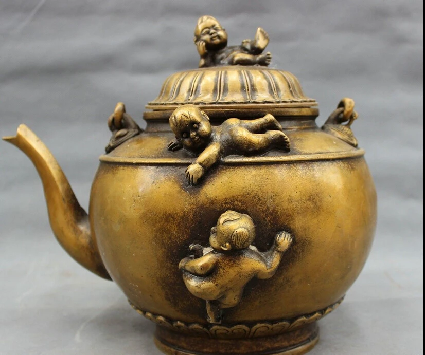 

12" Chinese Bronze Sculpture Folk Buddhism Children Kid Statue Wine Pot Teapot