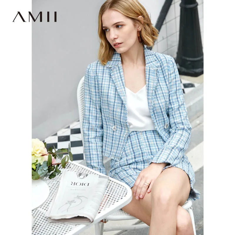 

Amii Minimalist Fashion Suit Women's 2019 Spring Turn-collar Blazers High-waist Leisure Shorts Causal Plaid Female Suits