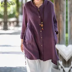 ZANZEA, женские блузы осень 2019 г. Винтаж хлопковые рубашки с длинным рукавом повседневное свободные плюс размеры Топы корректирующие