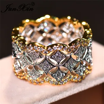 

JUNXIN Luxury Female Male Engagement Ring White Yellow Gold Color Vintage Wedding Rings For Women Men White Zircon Ring Jewelry