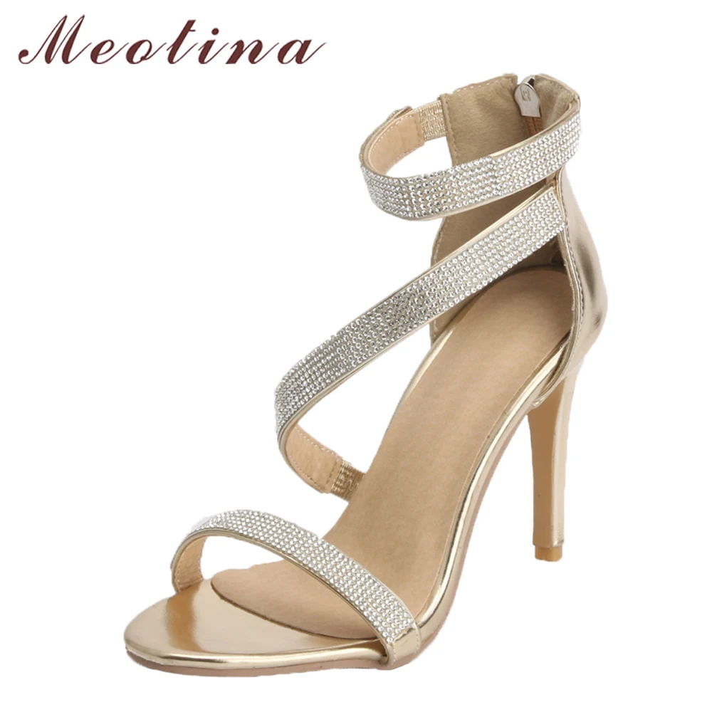 

Meotina 2018 Summer Sandals Women High Heels Rhinestone Rome Shoes Zipper Thin Heels Ladies Party Shoes Gold New Big Size 34-43