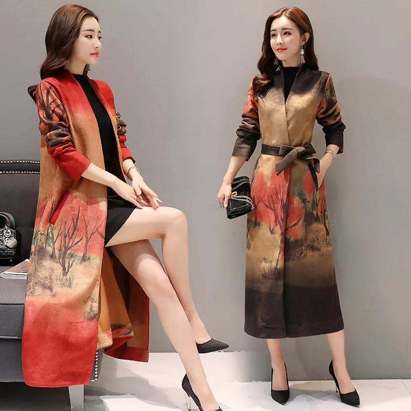 

2019 New Women Windbreaker Deerskin Suede Print Coats Autumn Fashion Long Trench Coat Spring Plus size Slim Female Overcoat x958