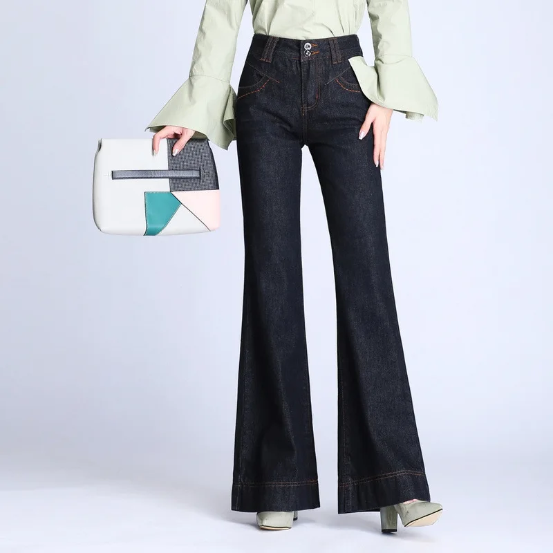 Г. осенние высококачественные женские ботинки джинсы со средней талией, широкие брюки-клеш, размер 26-33 - Цвет: black
