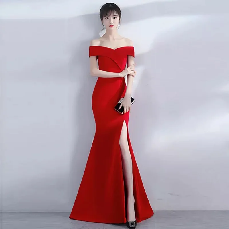 D015 النبيذ قبالة الكتف الطابق طول الجانبية سبليت الأزياء طويل الصيف اللباس