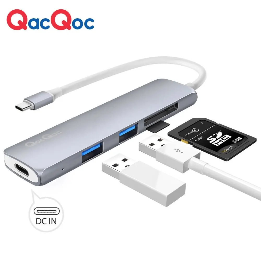 

QacQoc GN22A Aluminium 5-in-1 USB C Hub with 2 USB 3.0 Ports and SD/Mirco SD Type-C Power delivery for Macbook and Macbook pro