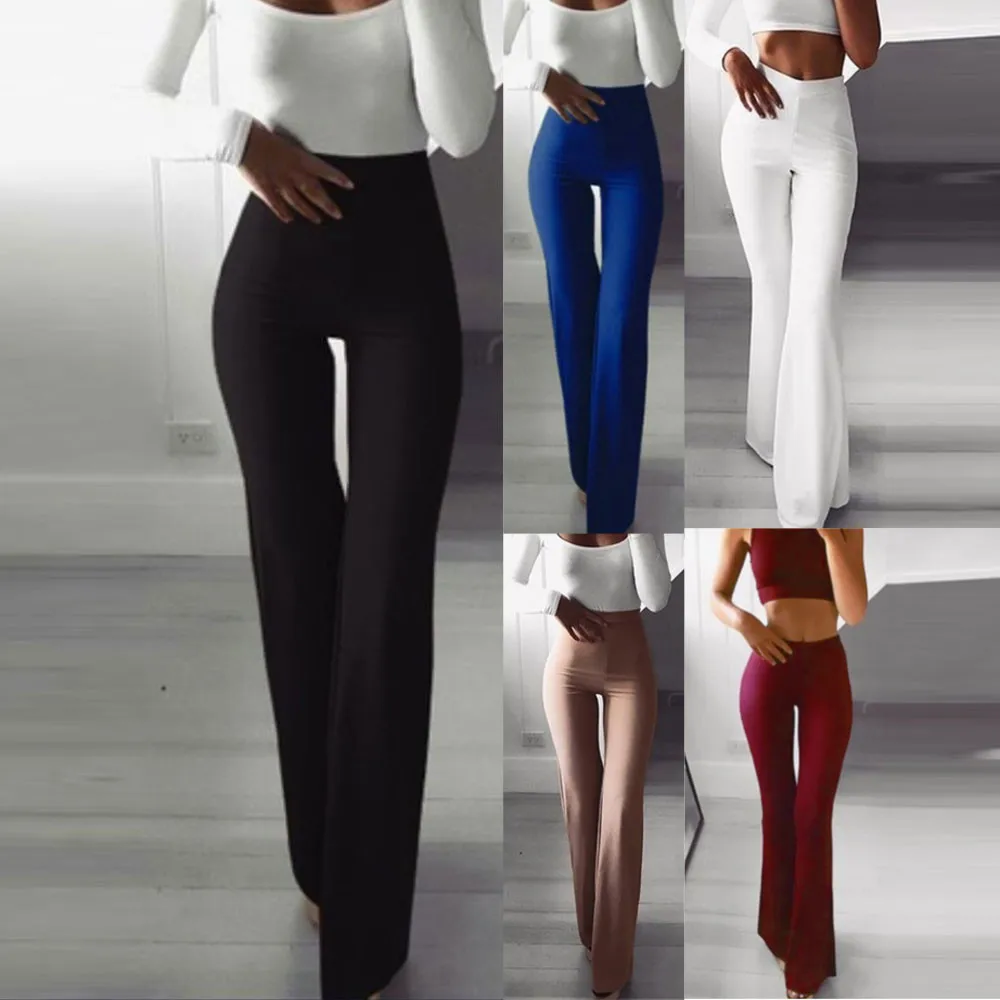 Женские брюки с высокой талией, модные широкие брюки, Однотонные эластичные леггинсы, брюки с колокольчиками для женщин