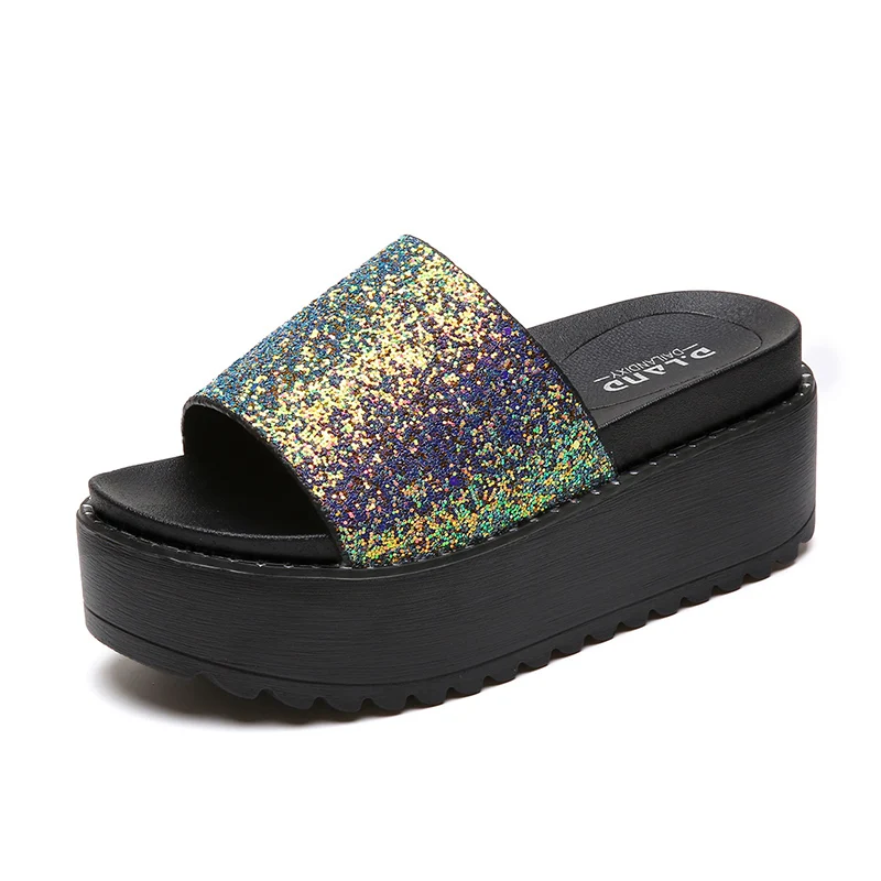 

Glitter High Platform Slippers Women 7CM High Heels Woman Shoes Ladies Summer Slippers Women Beach Slippers Black Outdoor Indoor