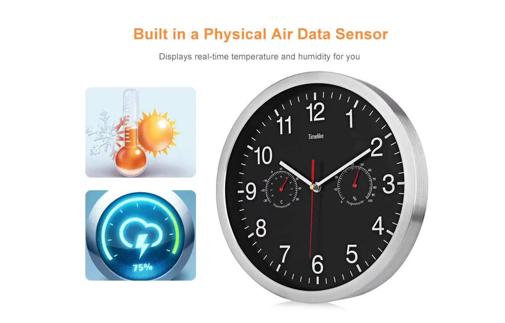 32cm Silent Wall Metal Clock Thermometer Hygrometer Quiet Sweep Movement No-ticking Home Art Decor