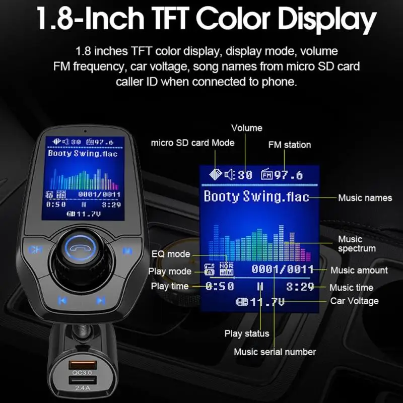 T26D 1,8 дюймовый ЖК-монитор Bluetooth Handsfree Car Kit FM передатчик аудио MP3 плееры QC3.0 зарядное устройство Dual USB TF карты