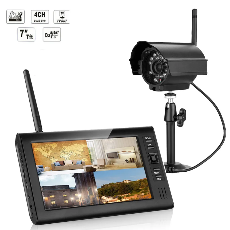 

7 inch TFT Digital 2.4G Wireless Cameras Audio Video Baby Monitors 4CH Quad DVR Security System With IR night light Cameras
