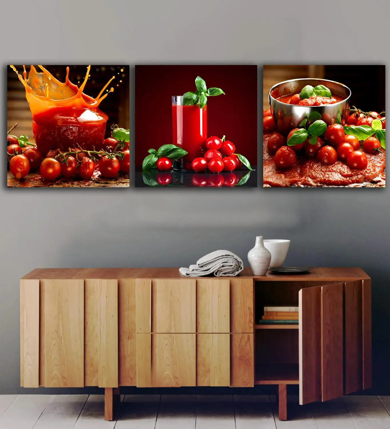 3 Panels Tomatoes Juice Paintings for the kitchen Fruit Wall Decor