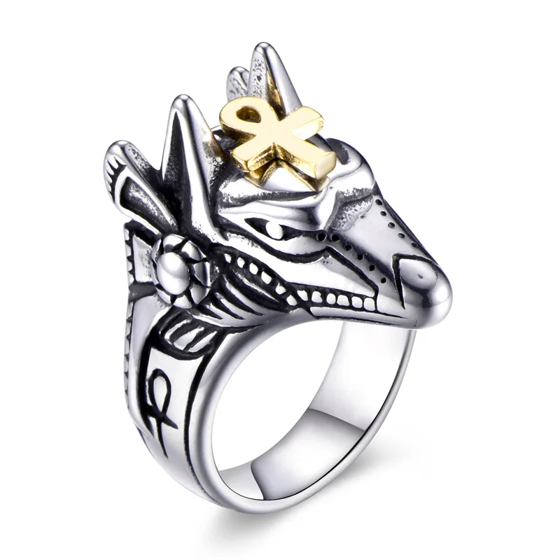 

Domineering Creative Anubis Egypt Cross Ring Titanium Steel Men's Punk Rings