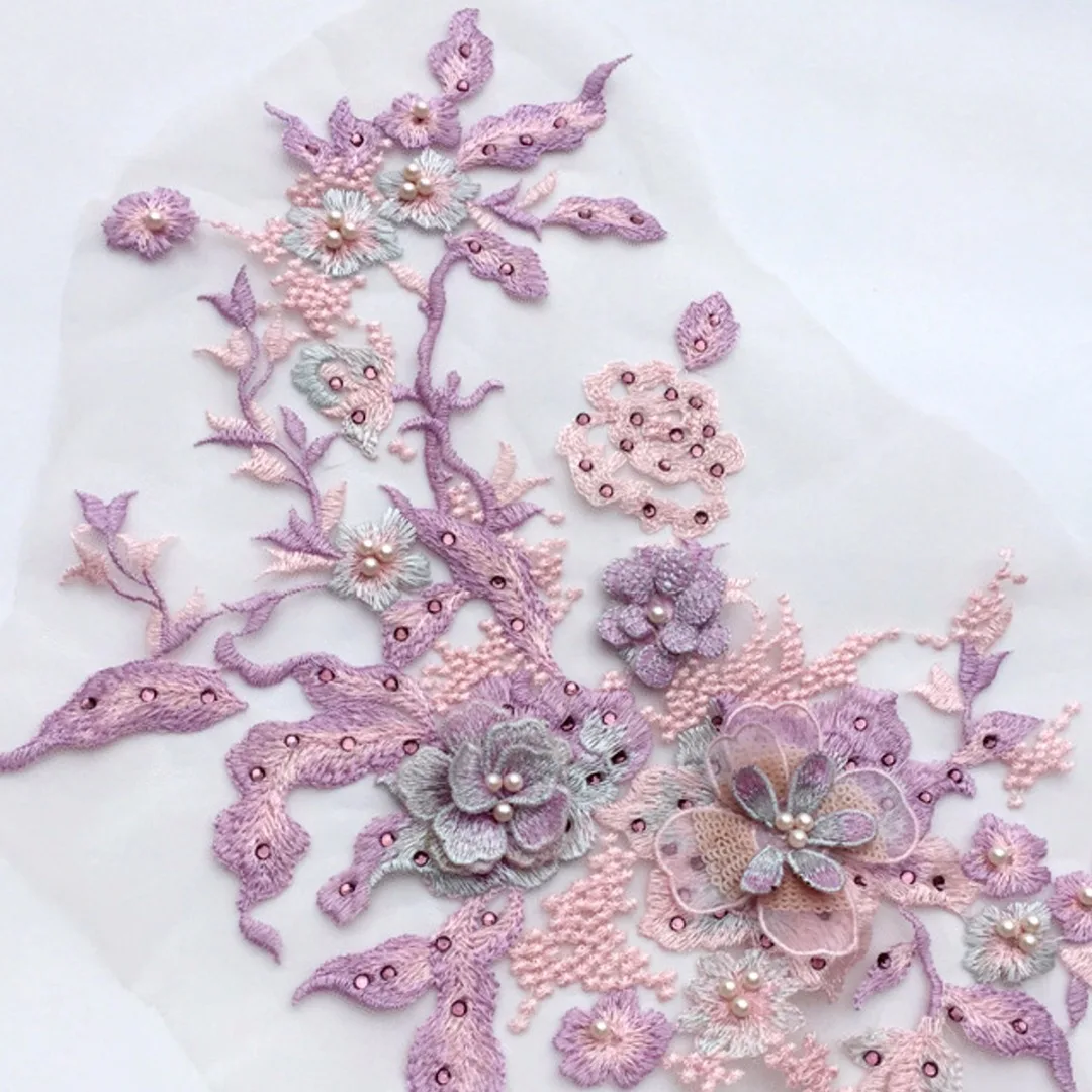 Pearl Beaded 3D Flowers Lace Applique Wedding Dress Decoration Floral Patch
