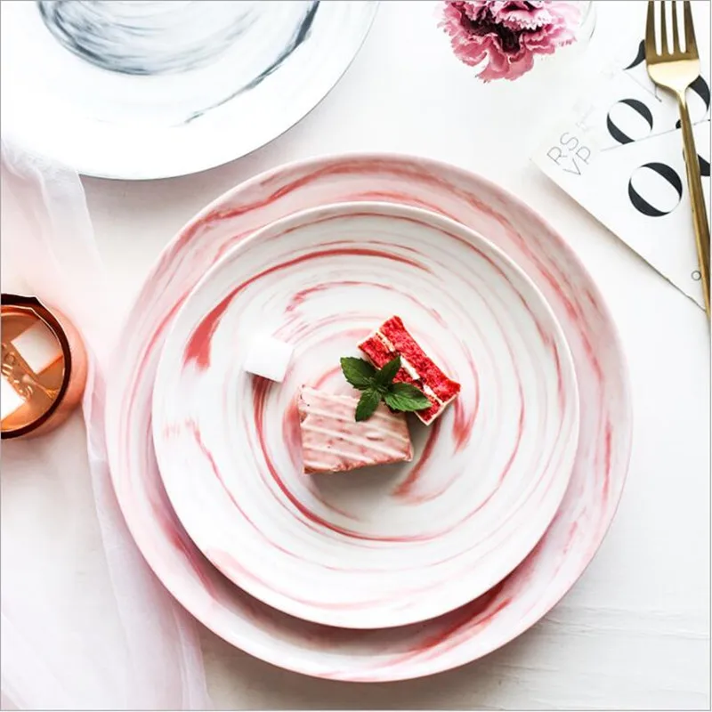 

Nordic Natural Marble Ceramic Dish Cake Bread Fruit Containter Breakfast Plate Western Steak Pizza Plate 1PC