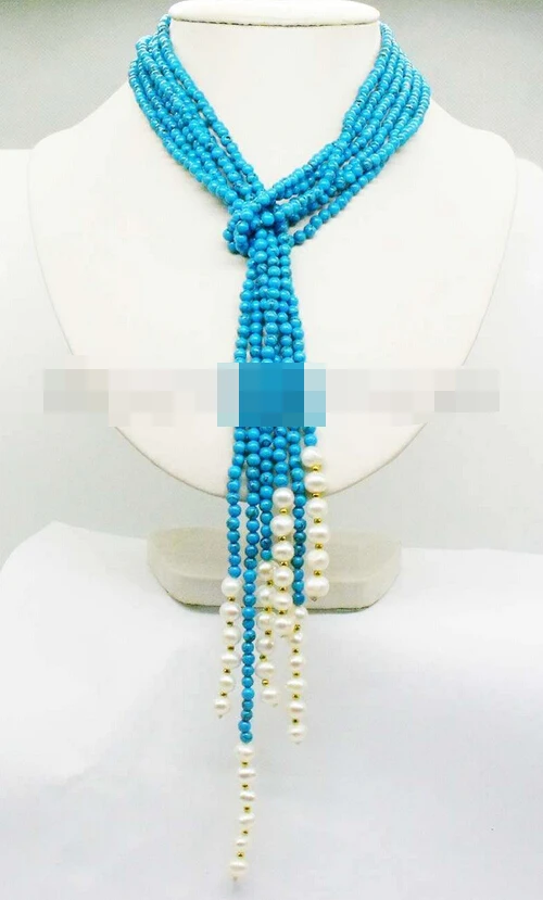 

3210 round blue turquoise White Round Pearl 3-strand 45" necklace