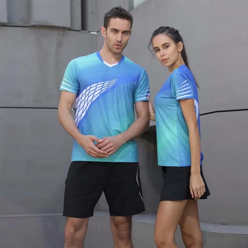 

High Quality 2018 Sky Blue Running Sport Quick Dry Breathable Badminton Shirt,Women/Men Table Tennis Team Game Fitness T Shirts