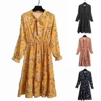 

4 Colors Beautiful Fashion Spring Autumn Women Long Sleeve Dress Retro Collar Casual Slim Dresses Floral Printing Chiffon Sexy