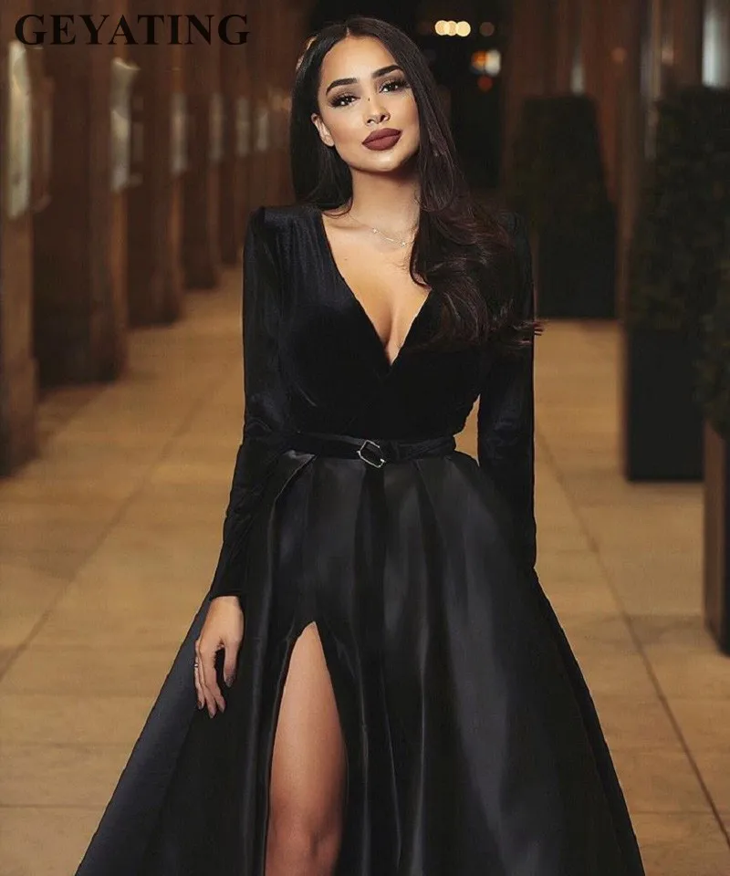 Black Velvet Long Sleeves Satin Prom Dresses Long Elegant V Neck Side Split Burgundy Evening