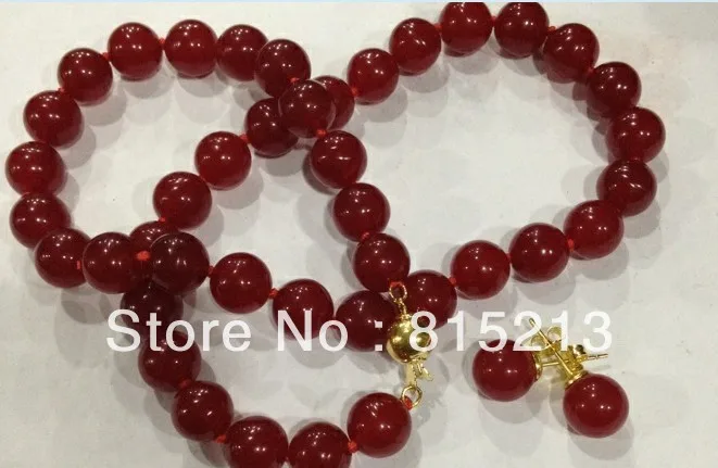 

ddh00344 10mm Natural Red jade Round Beads Necklace Earrings sets 18 "14k solid gold
