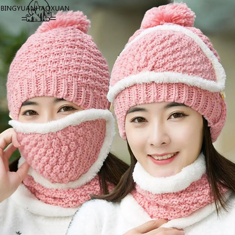 

BINGYUANHAOXUANWinter Women Knitted Hat Scarf Two Pieces Set Fashion Wool Thickening Hat Collars Female Warm Hat Casual Snow Cap