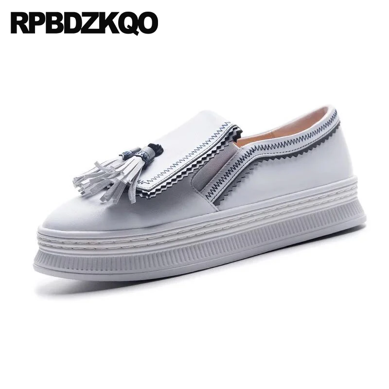 

creepers platform shoes sneakers large size genuine leather women elevator fashion trainers muffin thick sole tassel white 10
