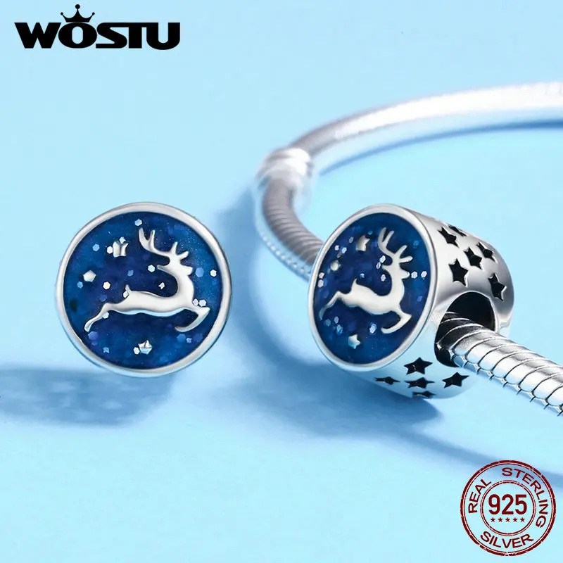 

WOSTU Authentic 925 Sterling Silver Christmas Deer Snowflake Blue Enamel Beads fit Women Charm Bracelet DIY Jewelry Gift FIC458