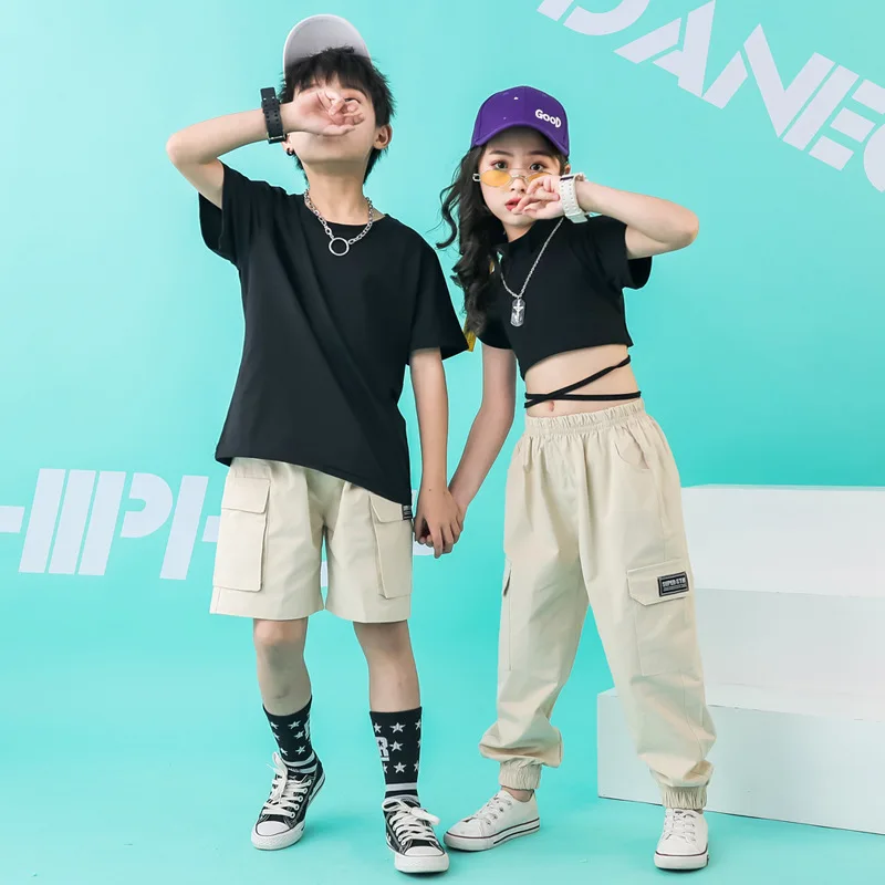 Детская одежда в стиле хип-хоп повседневные штаны для бега Топ, простая футболка для девочек и мальчиков, костюм для джазовых танцев Одежда для бальных танцев