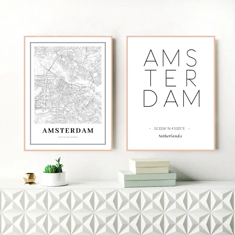 Голландская Карта города, плакат, настенная живопись на холсте, черно-белая печать на холсте, Голландская семья, современное искусство, Настенный декор