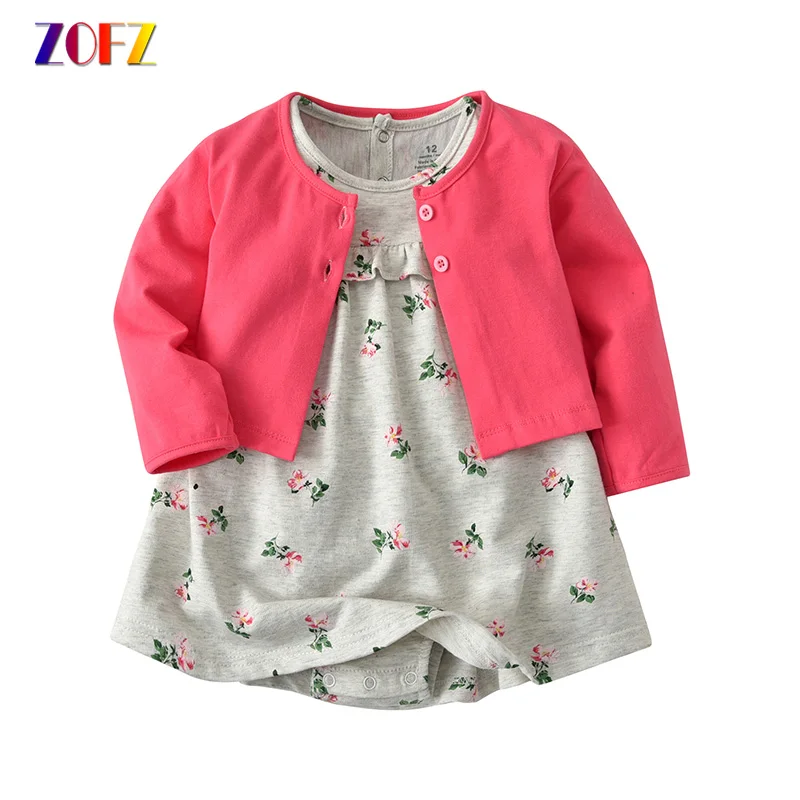 ZOFZ Cute baby Girl Dress O-Neck 2pcs set Dresses for Girls Cotton Floral Dresses with Long Sleeve Cardigan Baby Girl Clothes