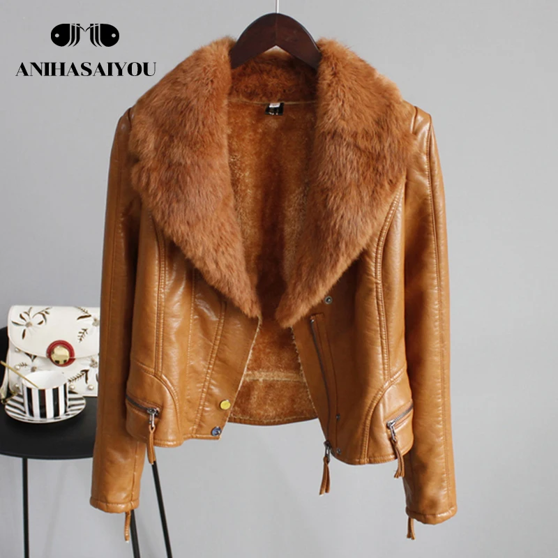 Faux leather jackets women short winter new Korean version of the rabbit real fur collar short plus velvet faux leather jackets