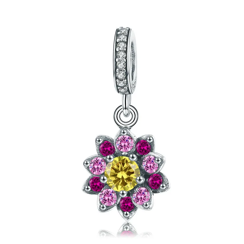 

ABAY 925 Sterling Silver Blooming Flower Colorful CZ Pendant Charm fit Original Pandora Bracelet Beads Jewelry Women