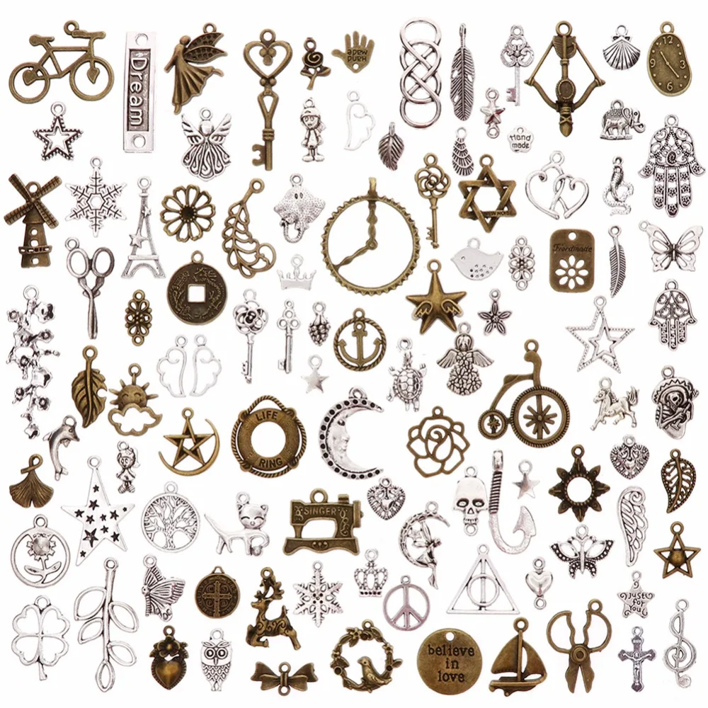 Beste 100 stks set Lots Tibetaans Zilver Brons Gemengde Stijlen Bedels Hangers DIY Sieraden voor Ketting Armband Maken Accessoires #265759