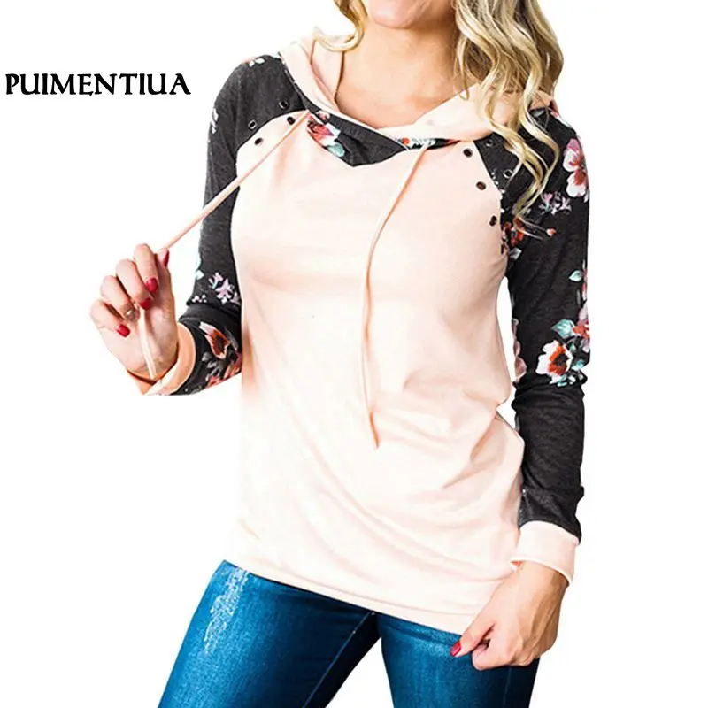 

Puimentiua 2018 Women Floral Print Hoodies Pullover Autumn Winter Long Sleeve Hooded Sweatshirt Female Plus Size Shirt Jumper