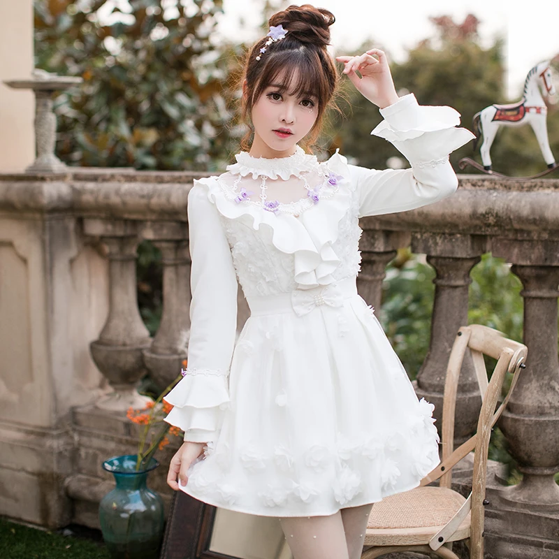 Candy rain Hot Sale women Lace Tulle Dress Long Sleeve White Flower