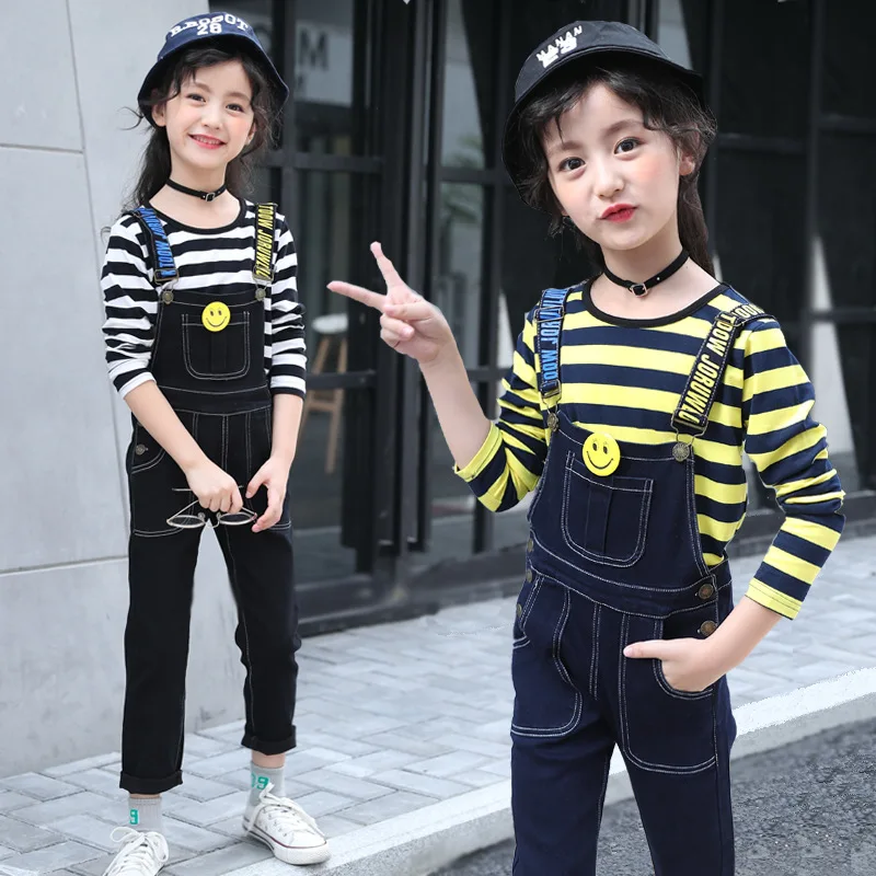 

kids clothes Children's sets 2019 spring autumn new girls strap jeans striped T-shirt casual popular 2-piece suit