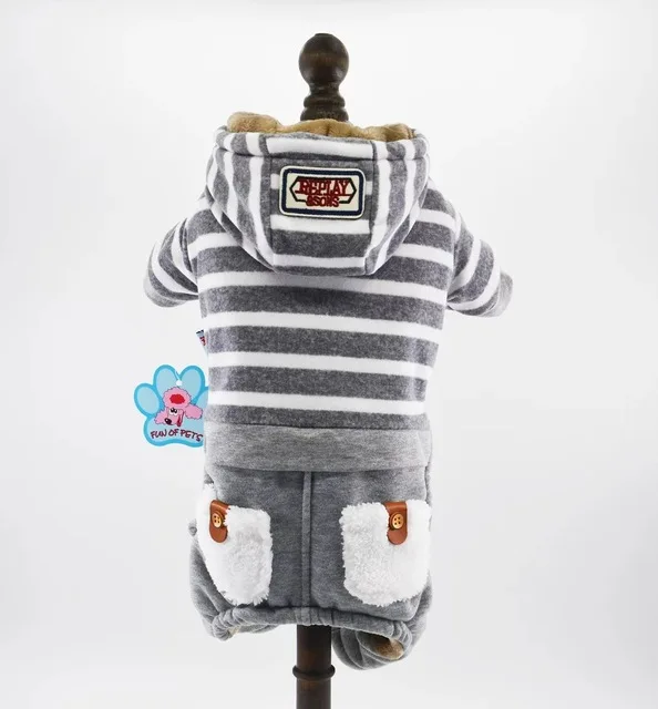 

Winter Overalls for Dogs Stripe Warm Hood Dog Clothes Pocket Decor Dog Jumpsuit Parkas Coat for Small Pet