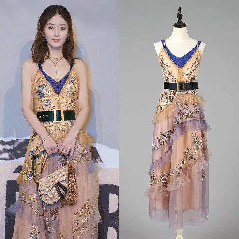 

New 2019 dresses with heavy embroidery v neck dinner party halter neck dress female cake cultivate morality