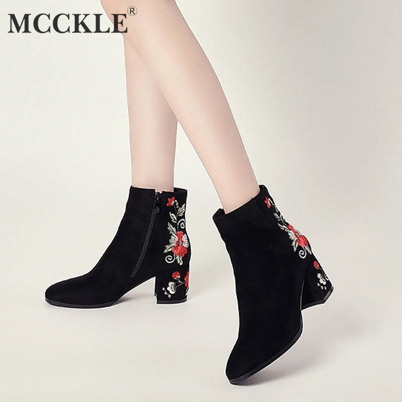 MCCKLE/ботильоны для женщин; Зимние теплые плюшевые модные короткие ботинки с вышивкой; женская повседневная обувь на высоком каблуке с круглым носком на молнии; Mujer