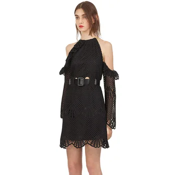 

Self Portrait Dress Sexy Mesh Hollow Out Women's Off Shoulder Ruffles Female Split Back Dresses Slim Retro Vestidos High Quality