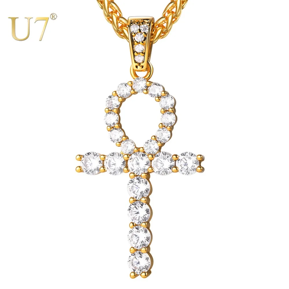 U7 Ice Out Ankh Cross Pendant Gold color Chain Hip Hop Bling CZ Stone