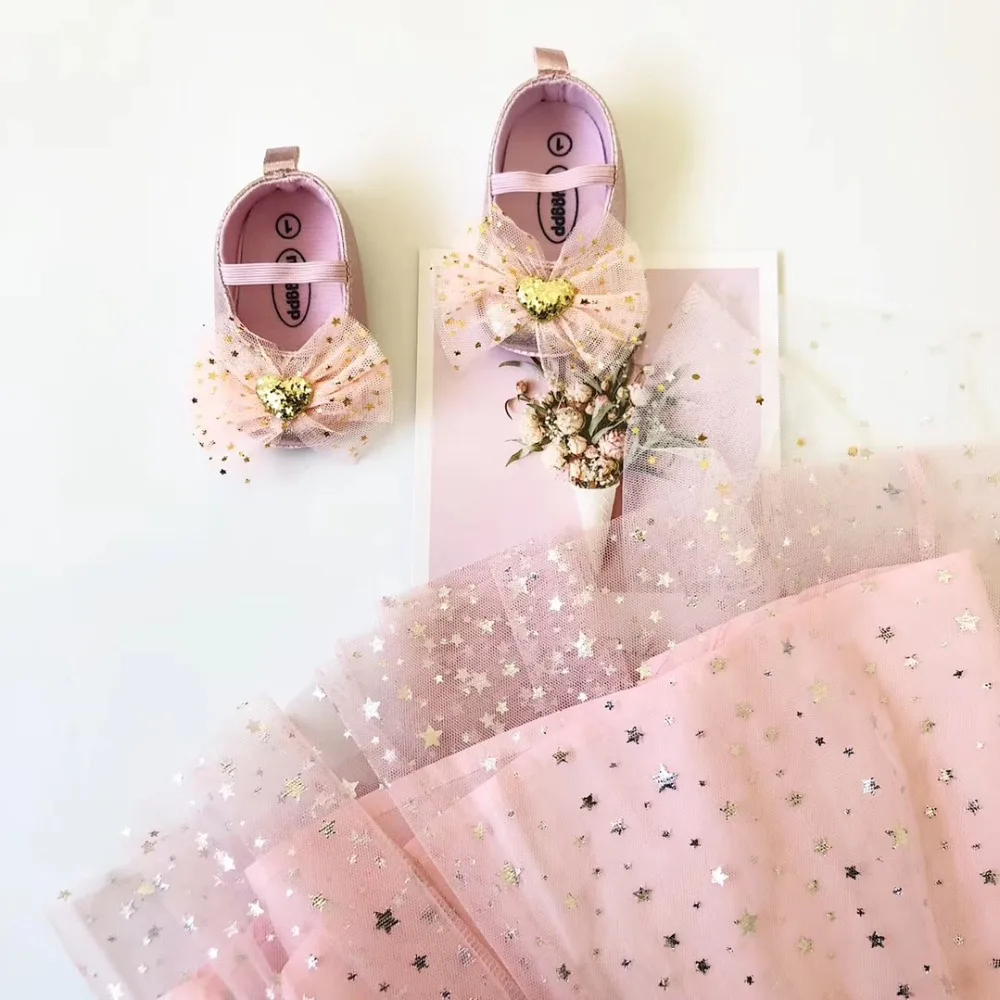 Летние платья для девочек, милое розовое Сетчатое платье с хлопковой подкладкой и рисунком звезды для малышей