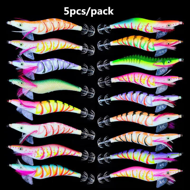 

5pcs 15.2cm/27g Luminous Squid Jig Bait Hard Shrimp Fishing Lures Saltwater Freshwater Squid Jig Lures Bait 4.0# Hook Fishhook