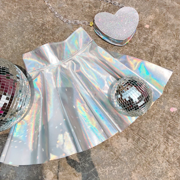 Серебряная голографическая Женская виниловая юбка, одежда в стиле панк, лазерная голограмма, фольга, ткань, юбка для скейтера, Рейв, праздничная одежда, нижняя часть
