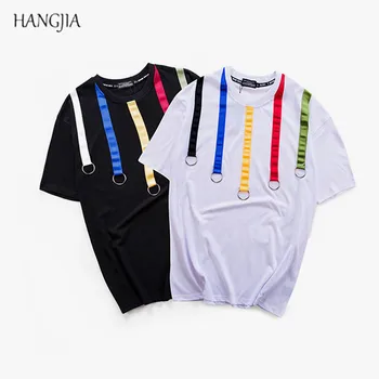 

Personality Color Thin Rings Webbing Ribbon Design Lovers T-shirt Hip-Hop Skateboard Streetwear Cotton Short-Sleeved Tshirt