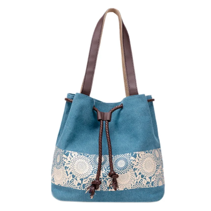 Goedkoop Laamei Vintage Bloem Gedrukt Canvas Vrouwen Trekkoord Schoudertassen Retro Vrouwelijke Strand Handtassen Casual Messenger Draagtas