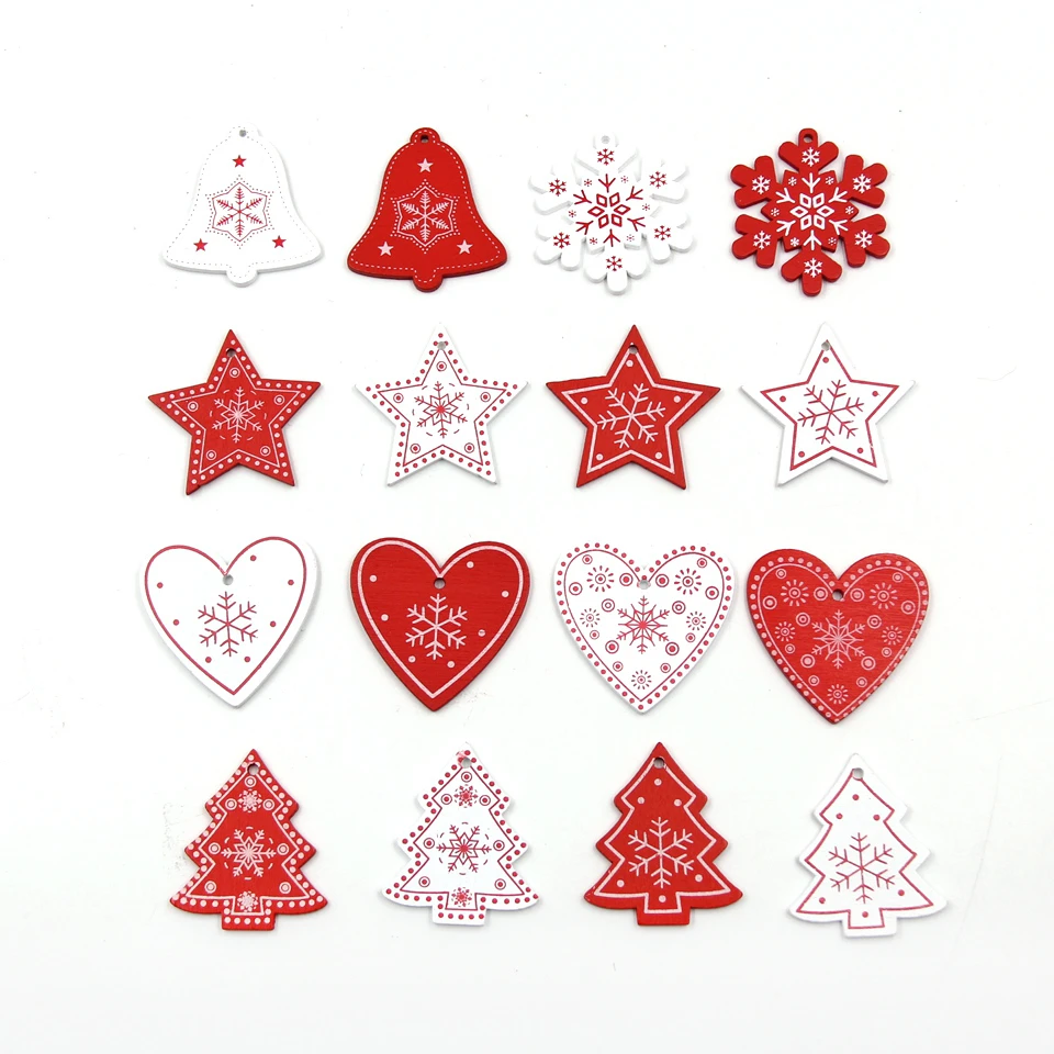 12PCS/Lot DIY White&Red Christmas Tree/Heart/Star Wooden Pendants Ornaments For Home Xmas Tree Ornaments Kids Gifts Decorations