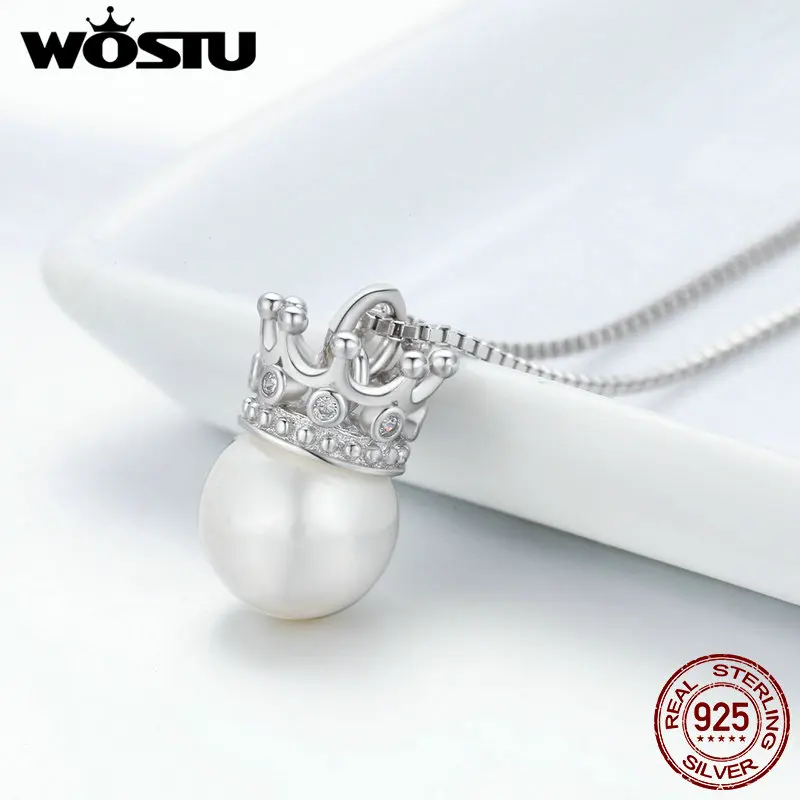 

WOSTU 2019 Pure 925 Sterling Silver Clear Cubic Zircon Loyal Crown Elegant Pearl Pendant Necklace For Women Wedding Gift BKN177